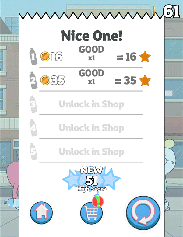Apple & Onion Bottle Catch Game Result Screenshot.