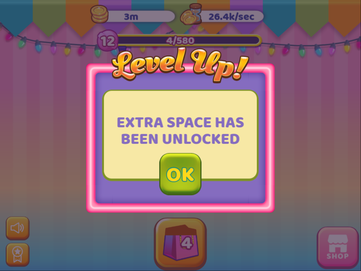 Candy Shop Merge Game Level Up Screen Screenshot.