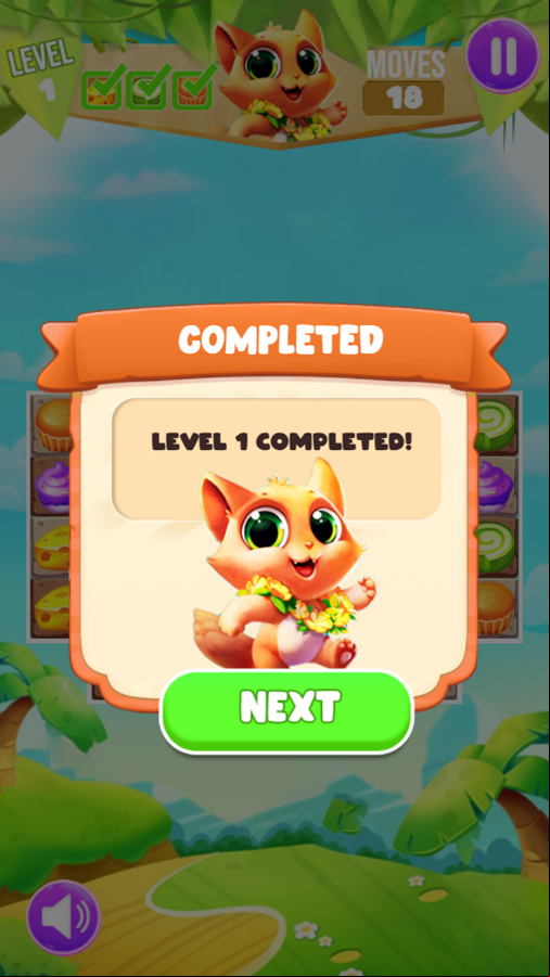 Cat Match 3 Game Level Completed Screenshot.