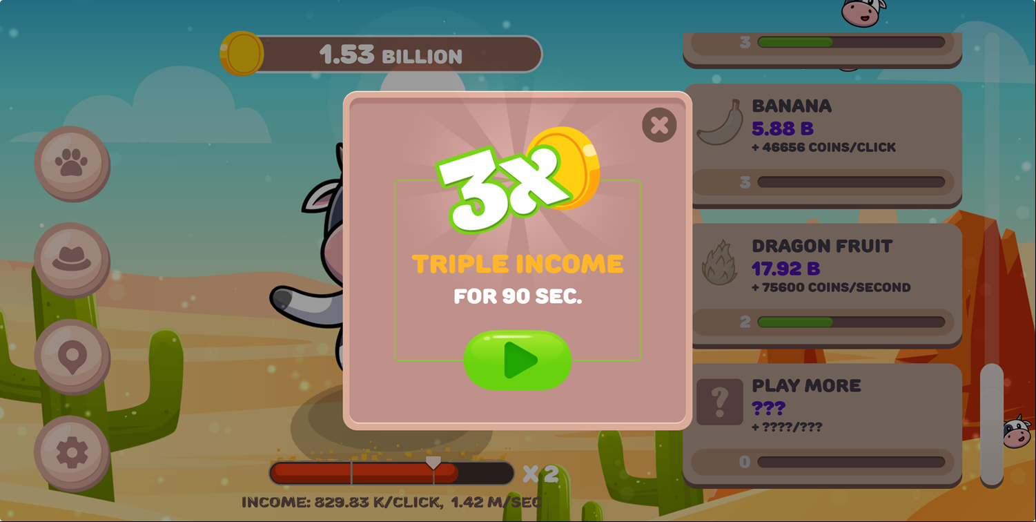 Clicker Cute Animals Income Bonus Screen Screenshot.