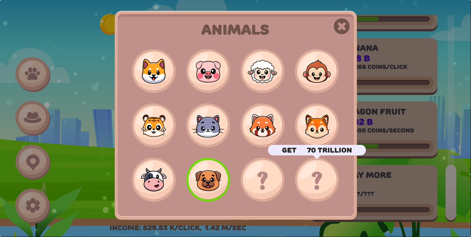 Clicker Cute Animals Game Animal Menu Screen Screenshot.