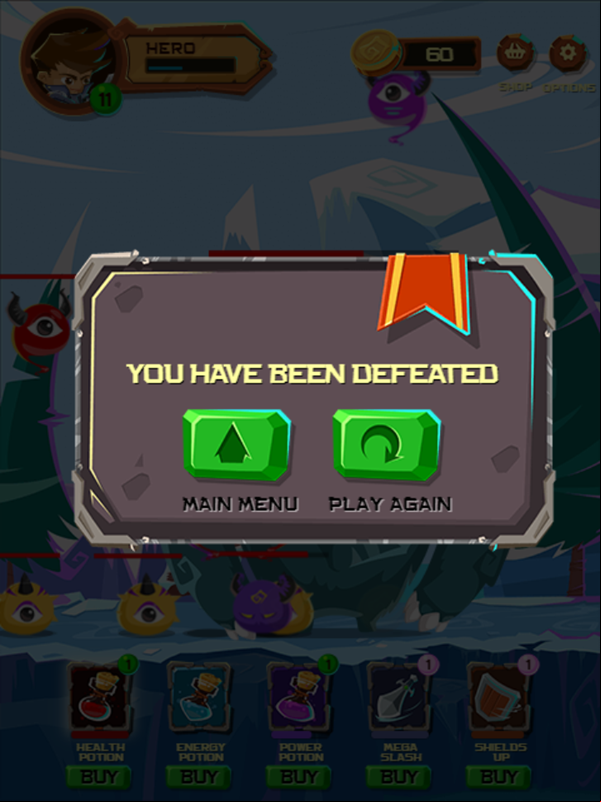 Hero's Journey Game Over Screenshot.