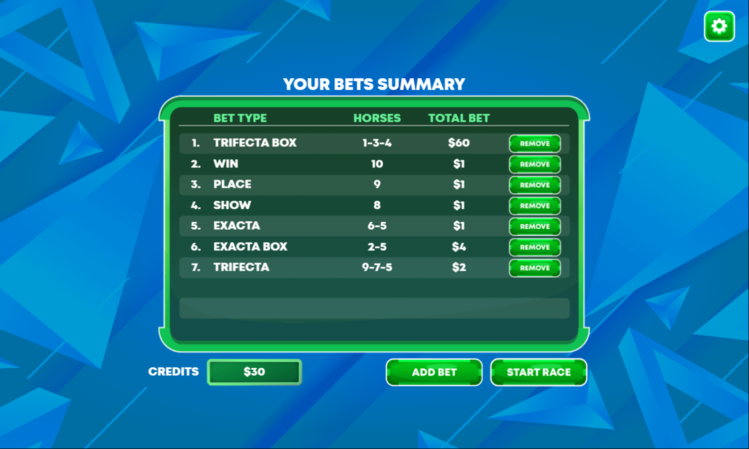 Horse Racing Game Your Bets Screen Screenshot.