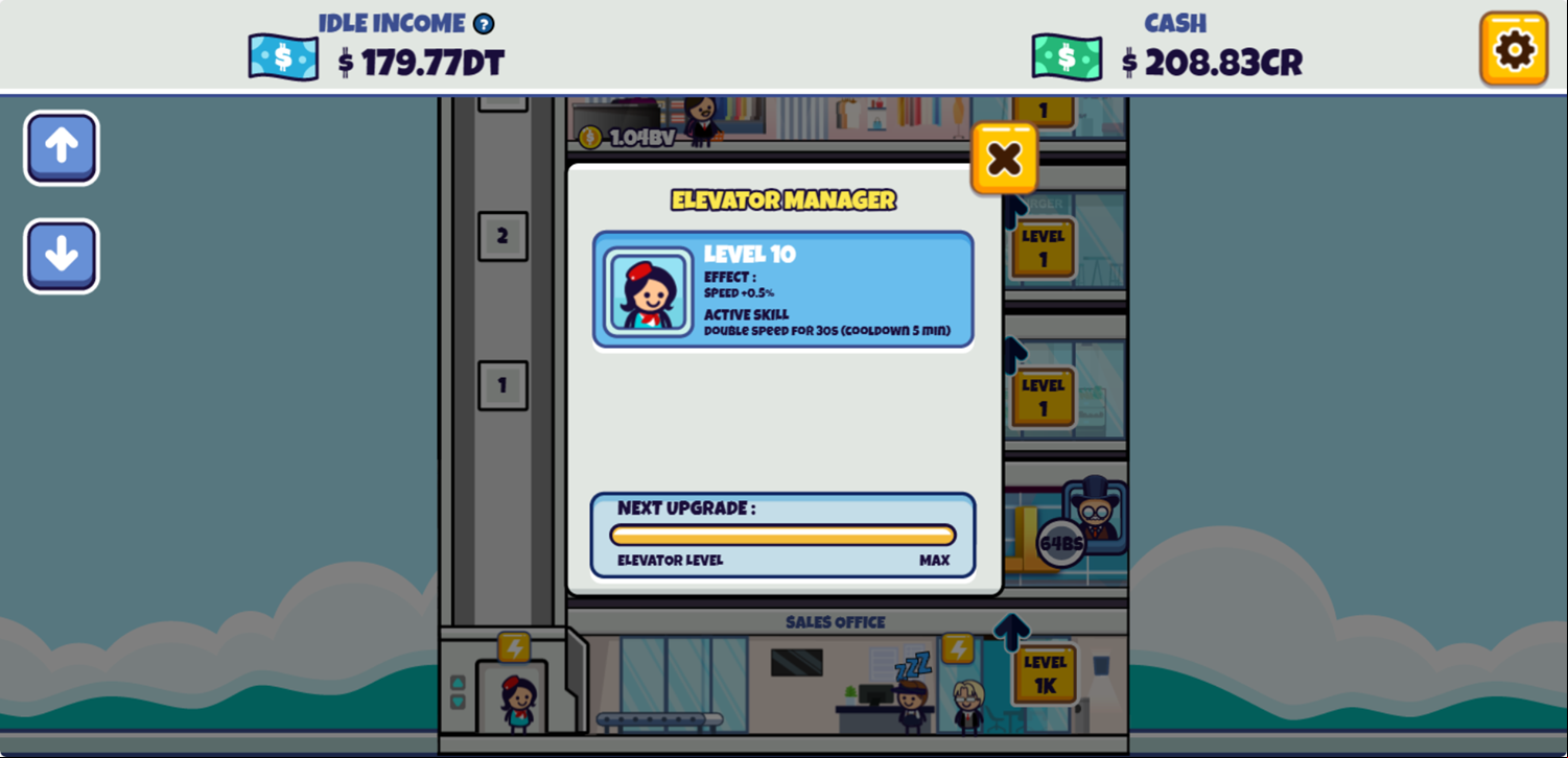 Idle Megamall Empire Game Elevator Manager Fully Upgraded Screen Screenshot.