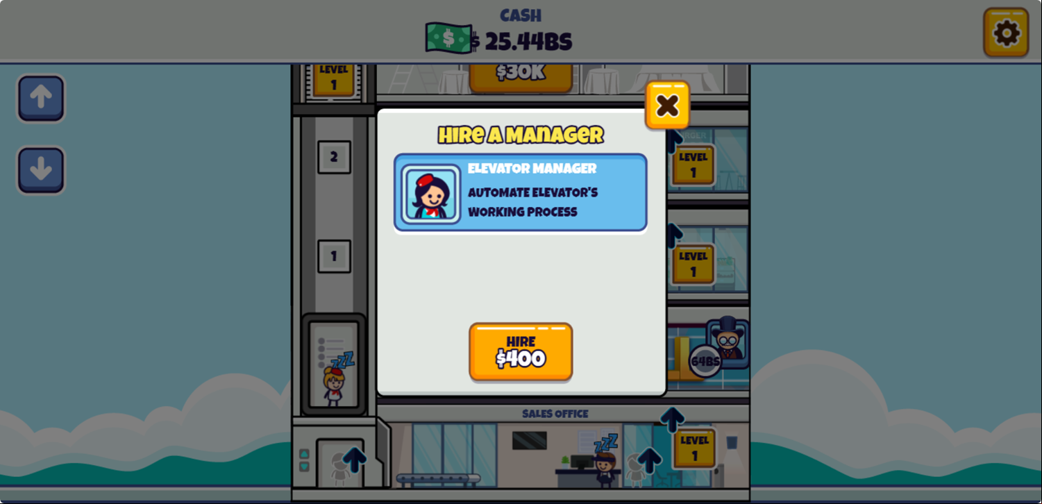 Idle Megamall Empire Game Hire Elevator Manager Screen Screenshot.