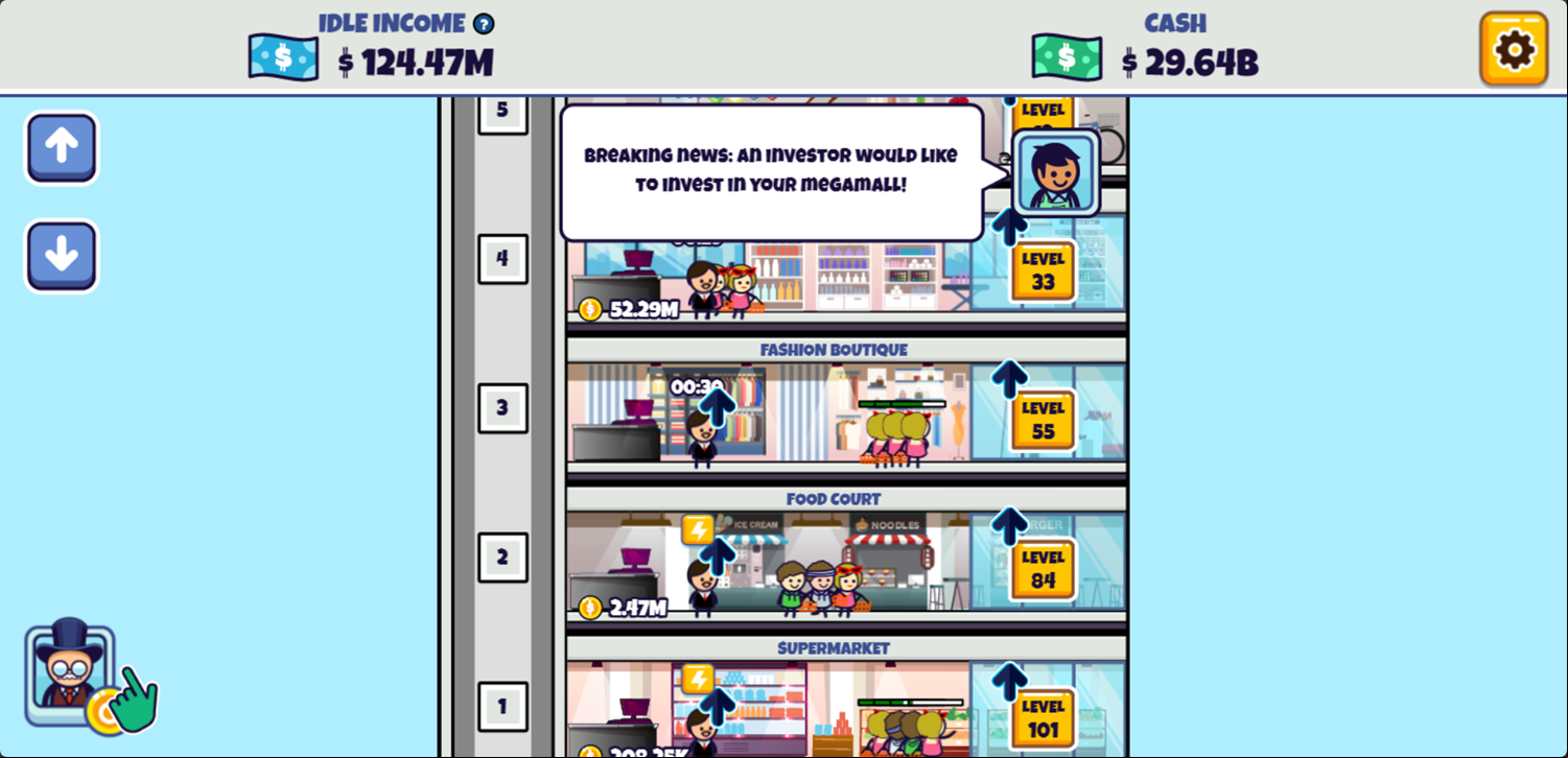Idle Megamall Empire Game Investor Interest Screen Screenshot.