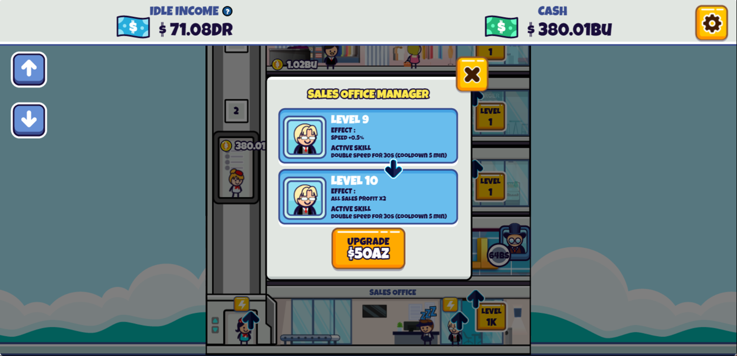 Idle Megamall Empire Game Upgrade Sales Office Manager Screen Screenshot.