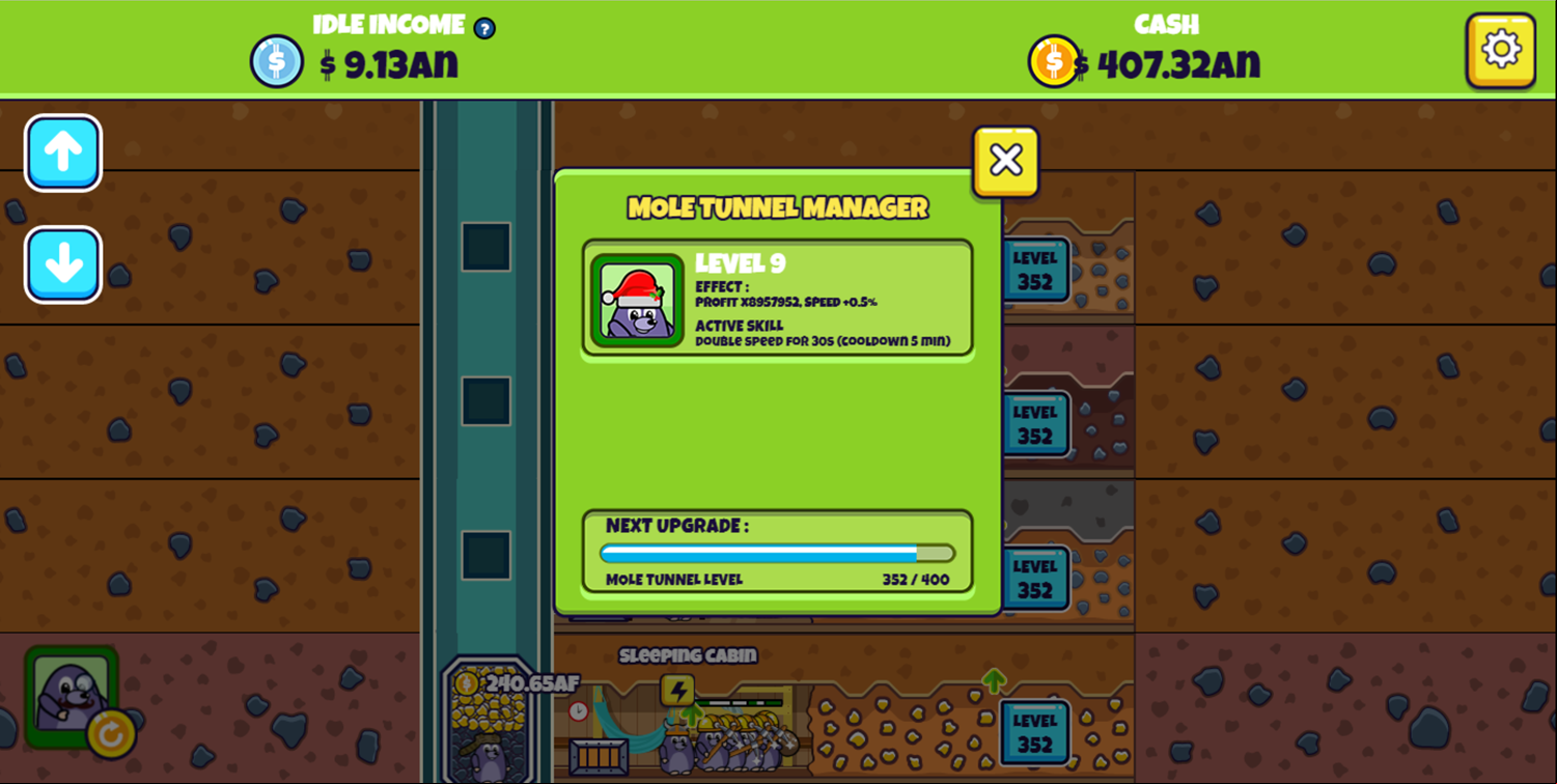 Idle Mole Empire Game Tunnel Manager Upgrade Progress Screenshot.