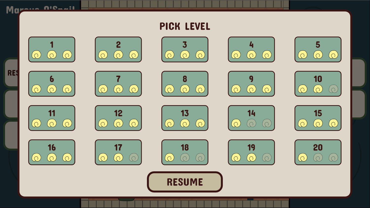 Marcus O'Snail Game Level Select Screen Screenshot.