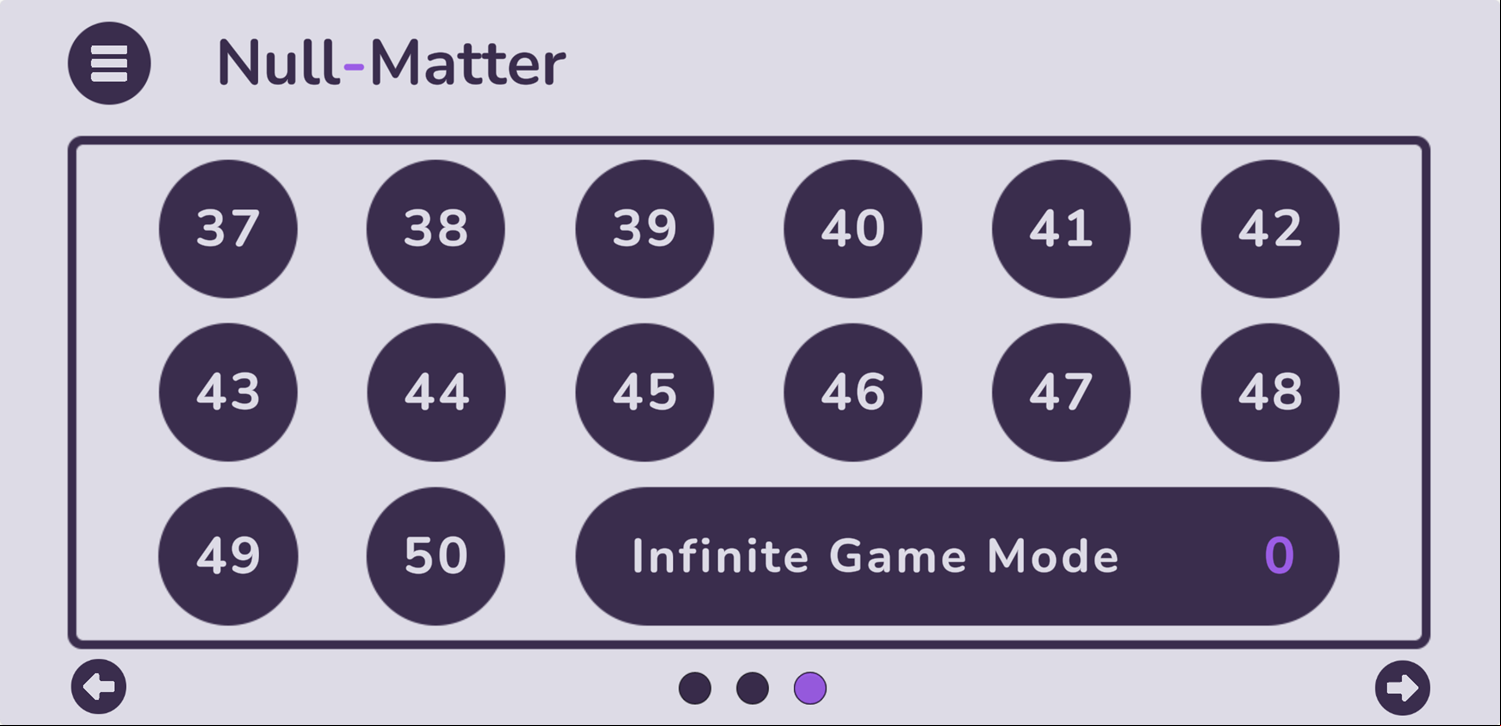 Null Matter Game Level Select Screen Screenshot.