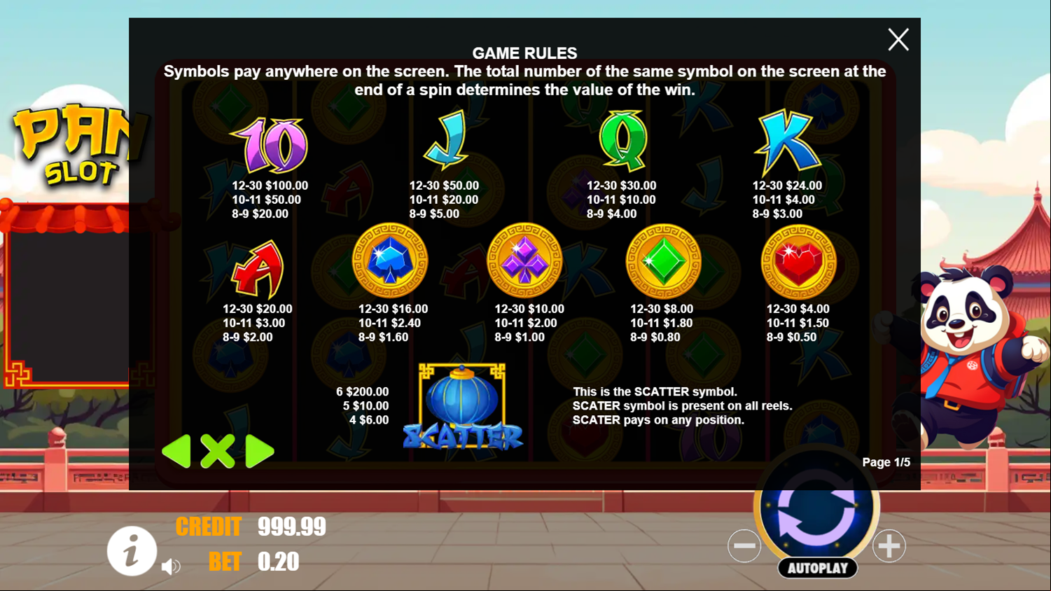 Pan Slot Game Bet Rules Screenshot.