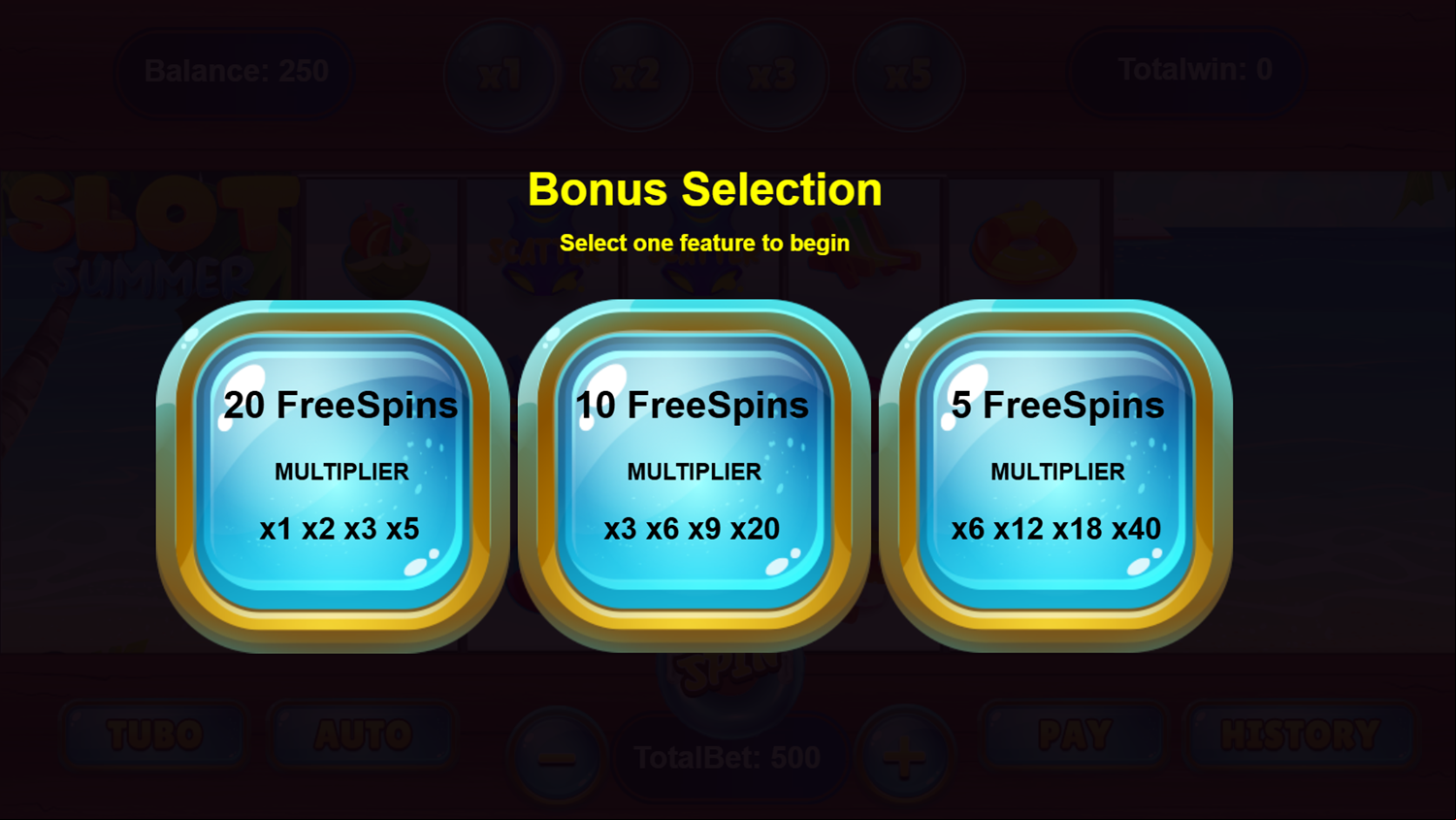 Slot Summer Game Bonus Selection Screenshot.