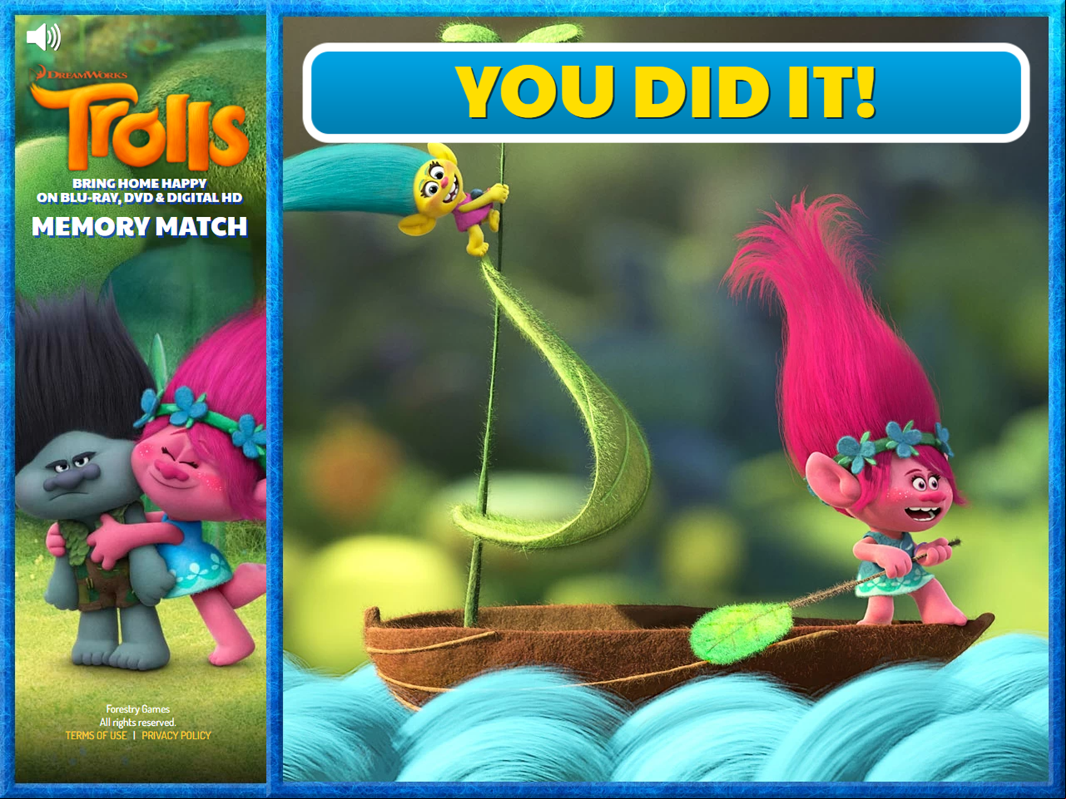 Trolls Memory Match Game Complete Screenshot.