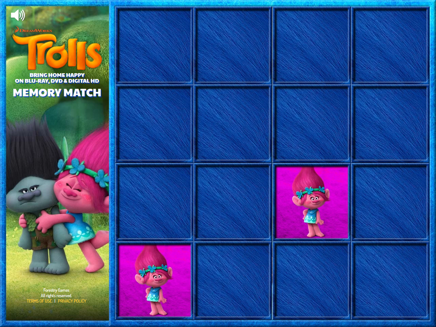 Trolls Memory Match Game Start Screenshot.